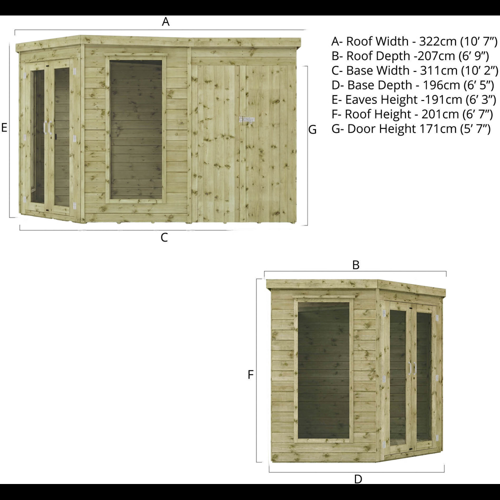Mercia 7 x 7ft Double Door Shiplap Corner Summerhouse with Side Shed Image 9
