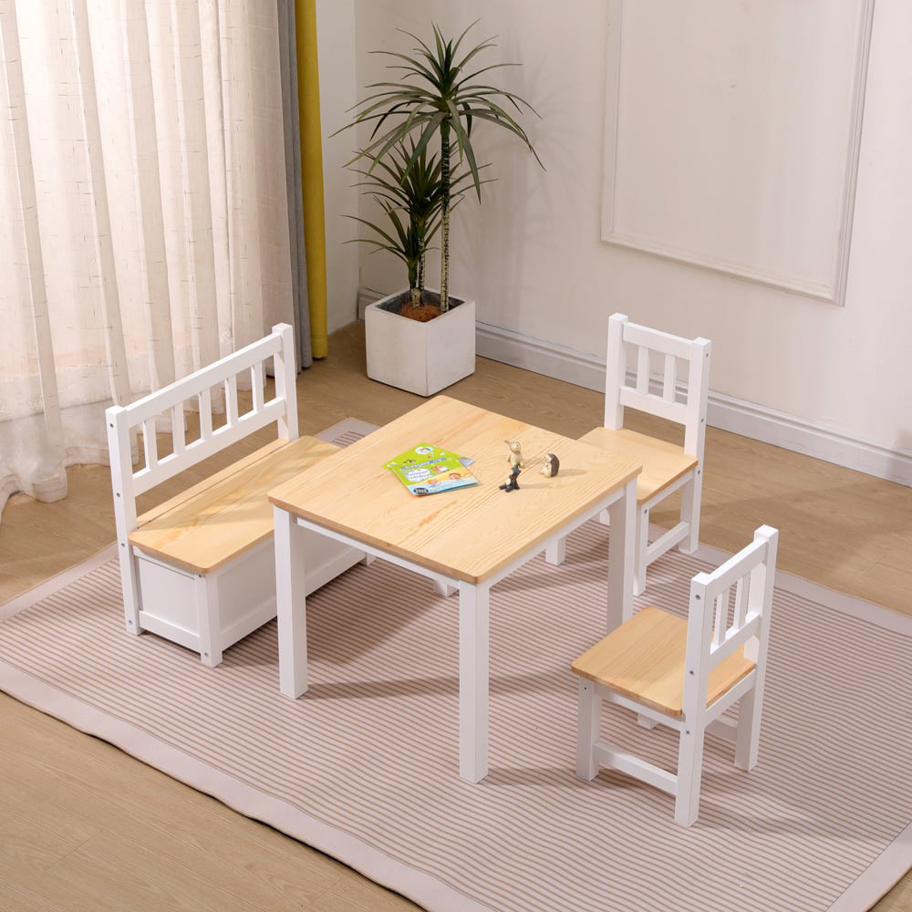 FurnitureHMD Kids 4 Seater White Pine Wood Table Chair and Storage Bench Set Image 5