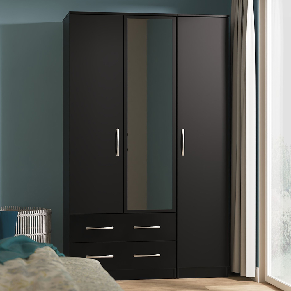 Crowndale Avon 3 Door 2 Drawer Matt Black Mirrored Wardrobe Ready Assembled Image 1