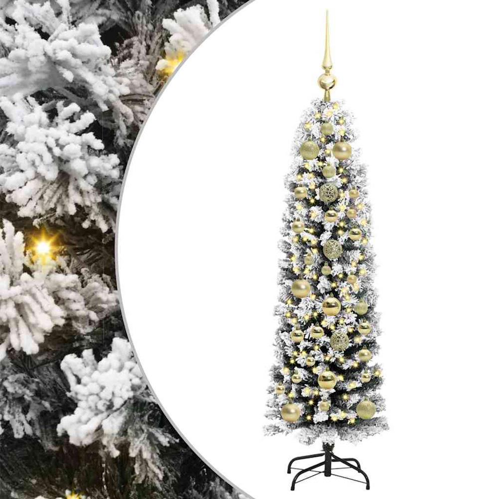 vidaXL Green Snow Flocked Artificial Christmas Tree with LEDs Gold Decoration Ornaments 5ft Image 2
