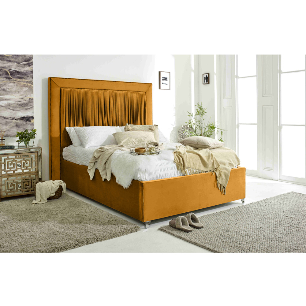 Eleganza Alexandra Double Mustard Plush Velvet Bed Frame with Pleated Headboard Image 6
