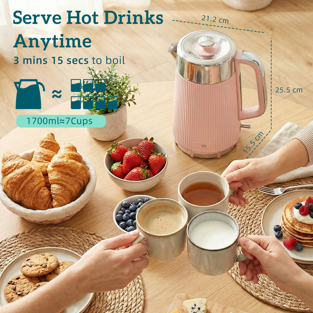 HOMCOM Pink 1.7L Rapid Boil Kettle and 4 Slice Toaster Set Image 6