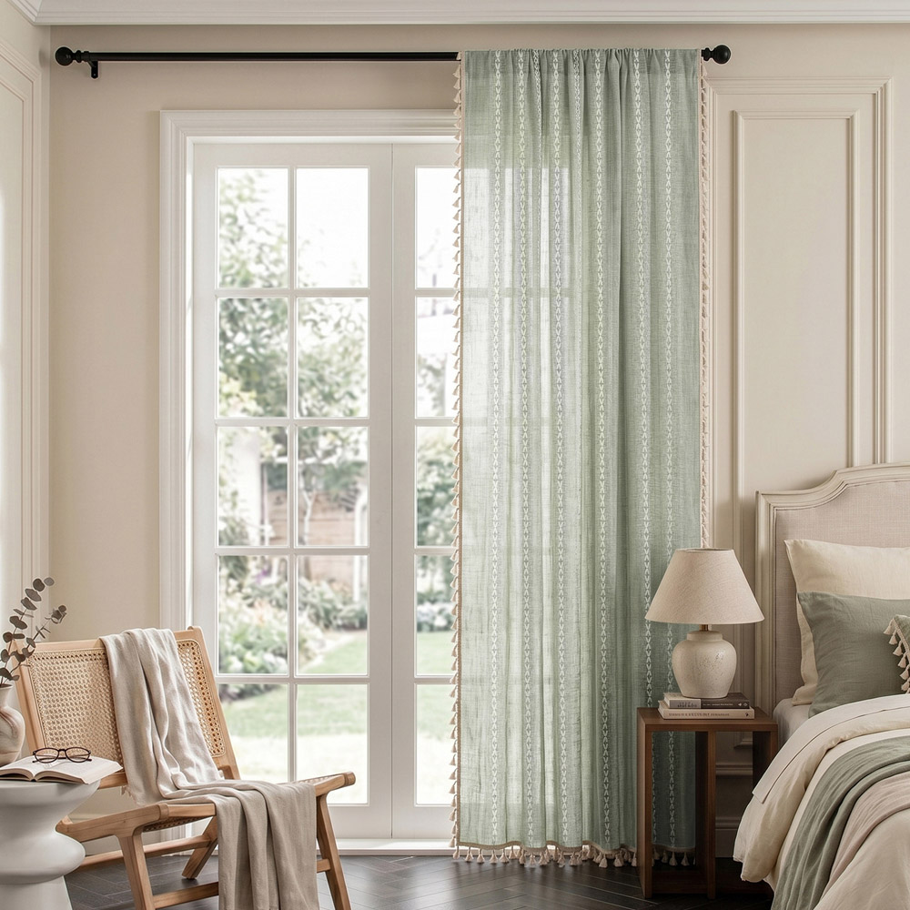 Living and Home Light Green Boho Tassel Faux Linen Curtain 132 x 260cm Image 8