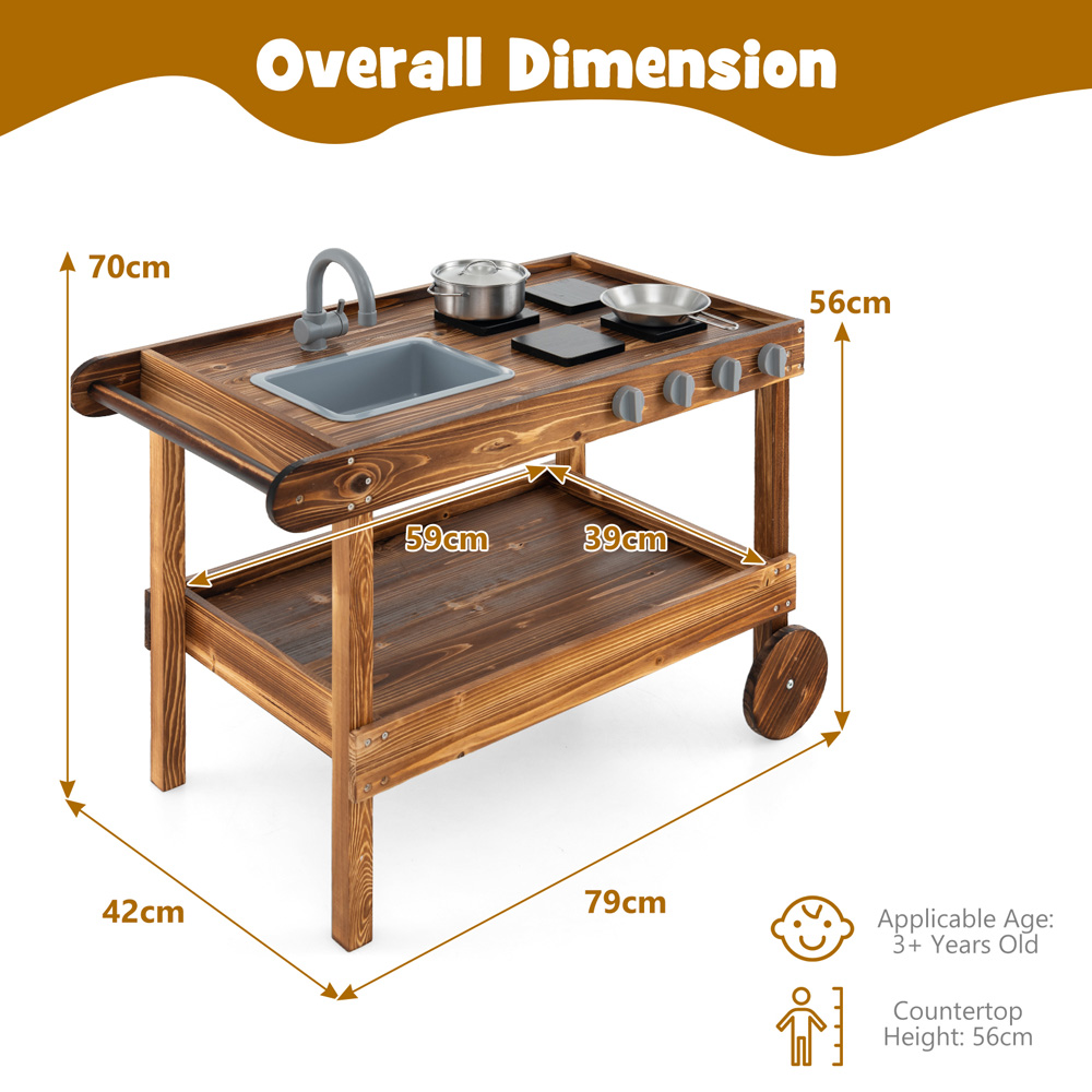 Costway Natural Mud Kitchen with Rolling Wheels Playset Image 9