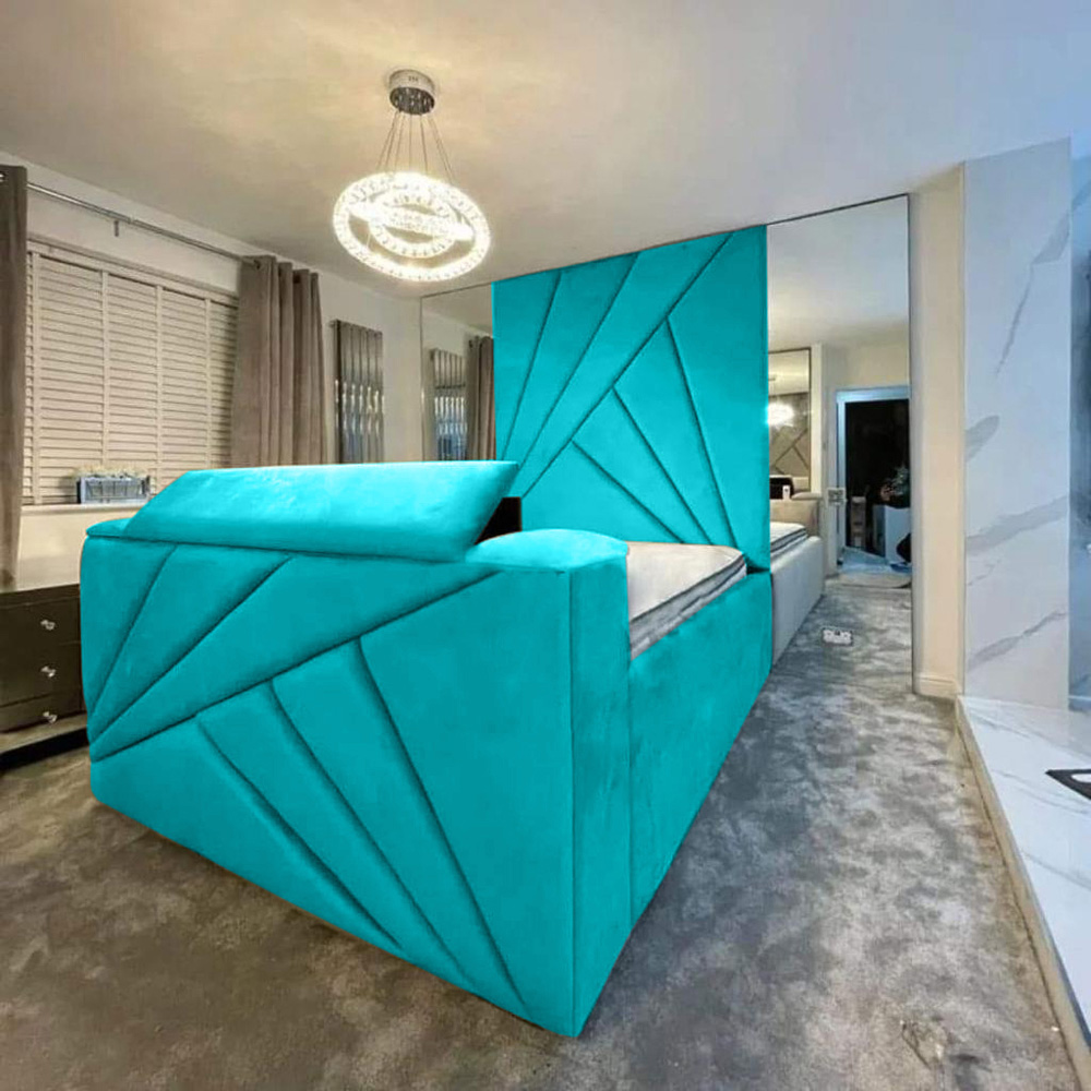 Eleganza Home Tina King Size Teal Plush Velvet Bed Frame with Headboard and Remote Image 2