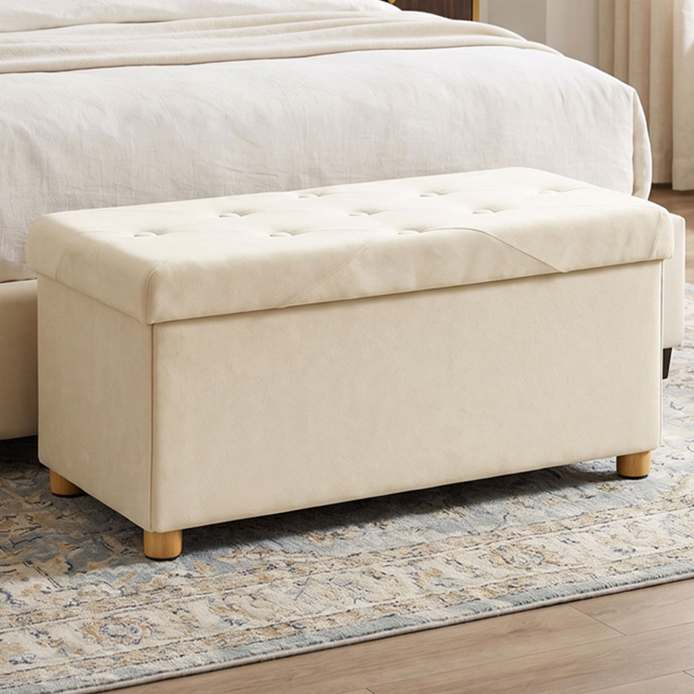 HOMCOM Cream Velvet Upholstered Foldable Ottoman Footrest with Wood Legs Image 1