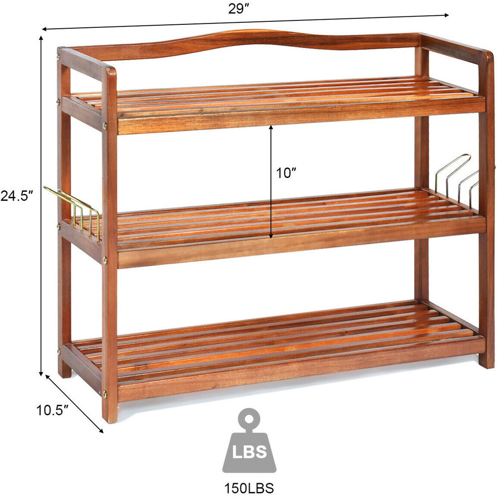 Costway 3 Shelf Solid Acacia Wood Shoe Rack with Side Metal Hooks Image 9