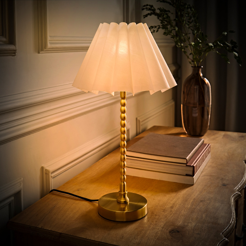 ValueLights Maeve White and Gold Scallop Pleated Tapered Shade Bobbin Bobble Table Lamp and Bulb Image 6