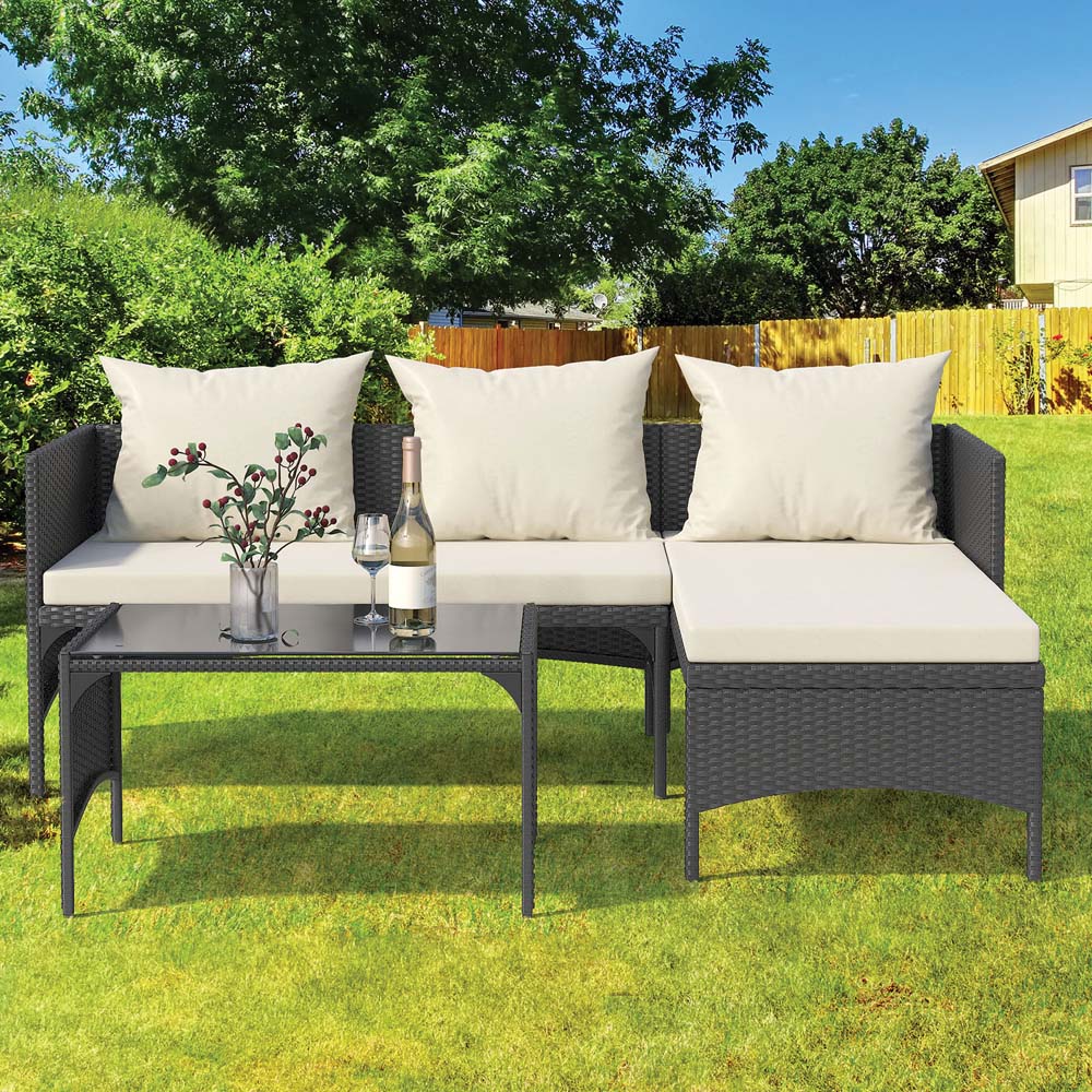 Rattrix 3 Seater Black Rattan Garden Chaise Conversation Set with Cushion Image 1