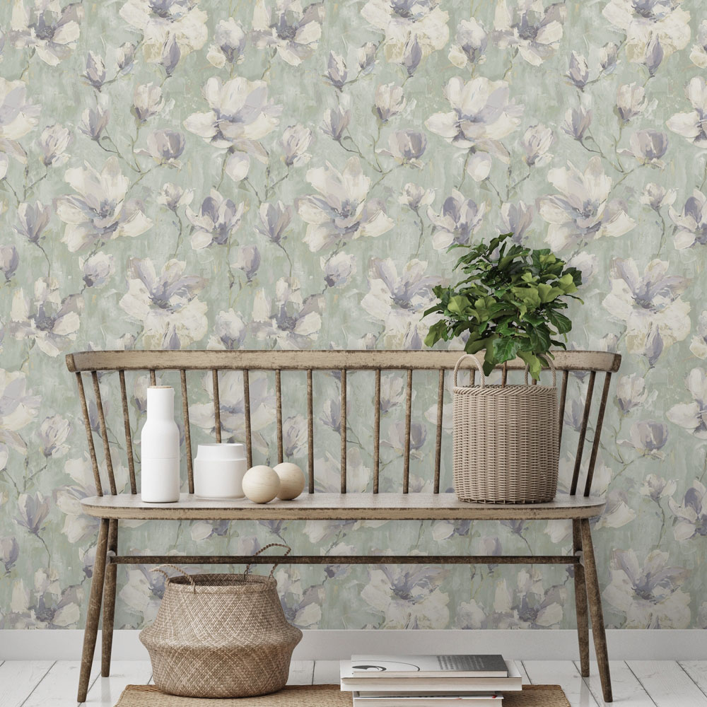 Grandeco Camilla Floral Oil Painting Textured Chalky Matt Sage Wallpaper Image 2