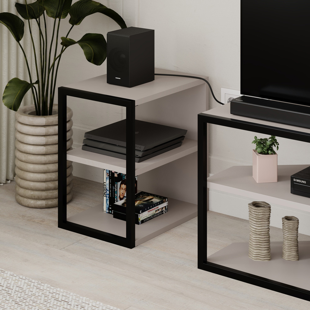 Decortie Echo 2 Shelf Mocha Grey Metal Frame Modern TV Unit with 2 Side Table Image 4