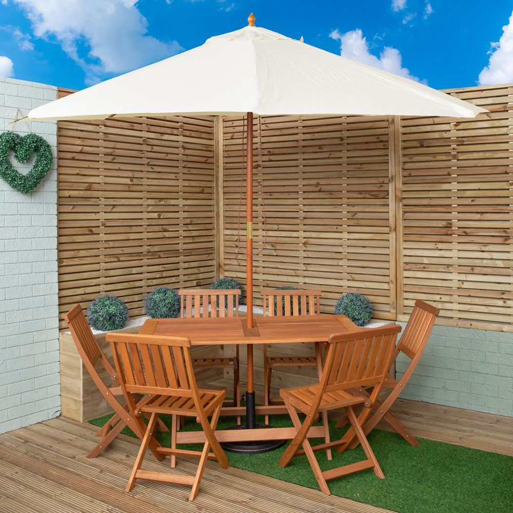 Samuel Alexander 6 Seater Wooden Rectangular Foldable Dining Set with Cream Parasol and Base Image 1