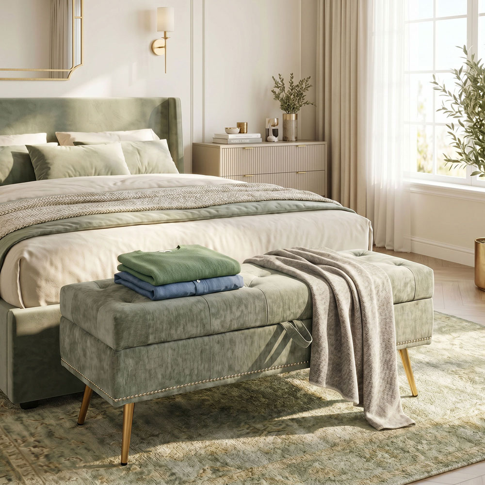 HOMCOM Light Green Chenille Ottoman Storage Box Image 2
