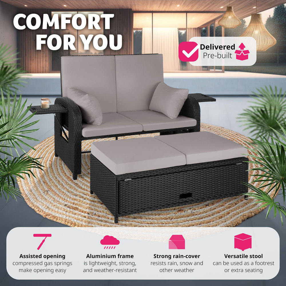 tectake Crete 2 Seater Black and Grey Reclining Garden Sofa Image 4