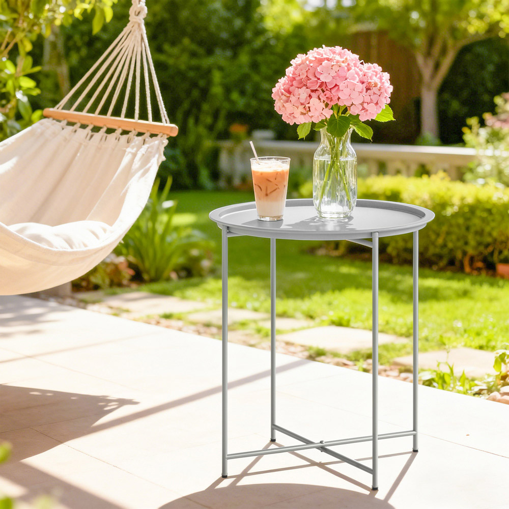 Outsunny White Round Foldable Garden Side Table with Removable Tray Image 3