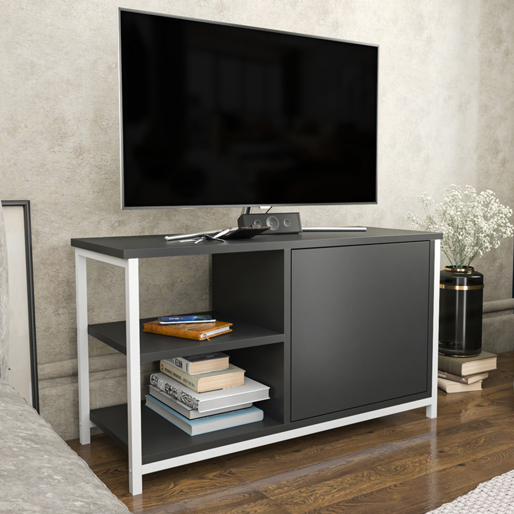 Decorotika Muskegon Single Door and 2 Open Shelf White and Anthracite TV Unit Image 6