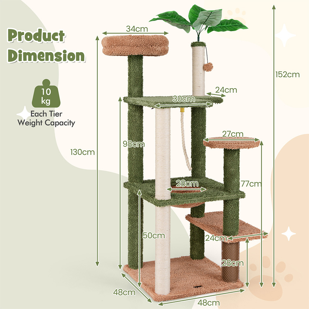 Costway Green Cat Tree with Sisal Scratching Posts 152cm Image 9