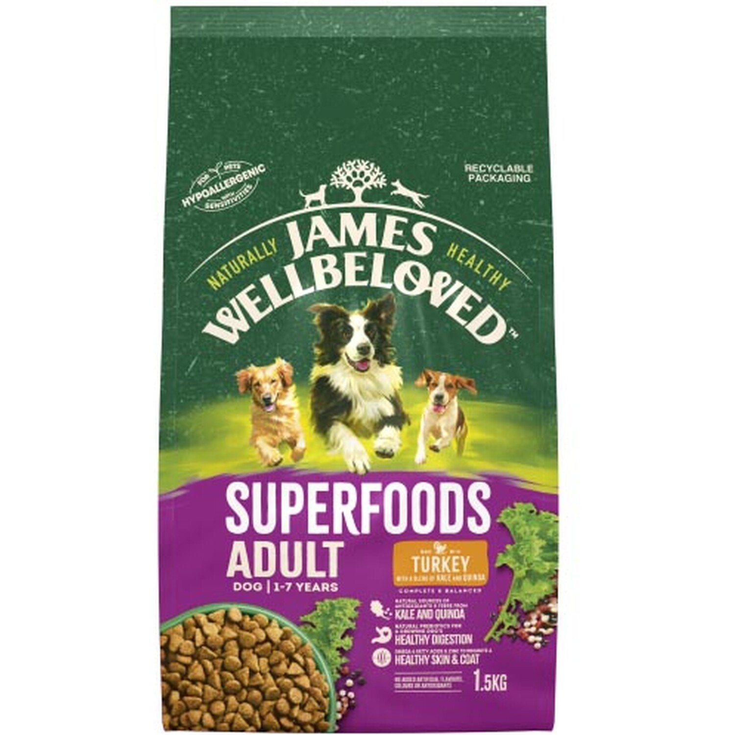 James Wellbeloved Turkey with Kale and Quinoa Dry Dog Food 1.5kg Image 1