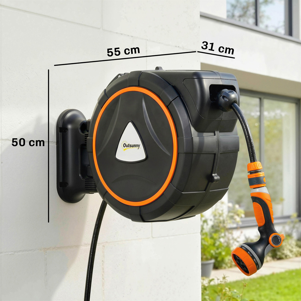 Outsunny 28m Black and Orange Wall-Mounted Retractable Hose Reel with Auto Retraction Image 9