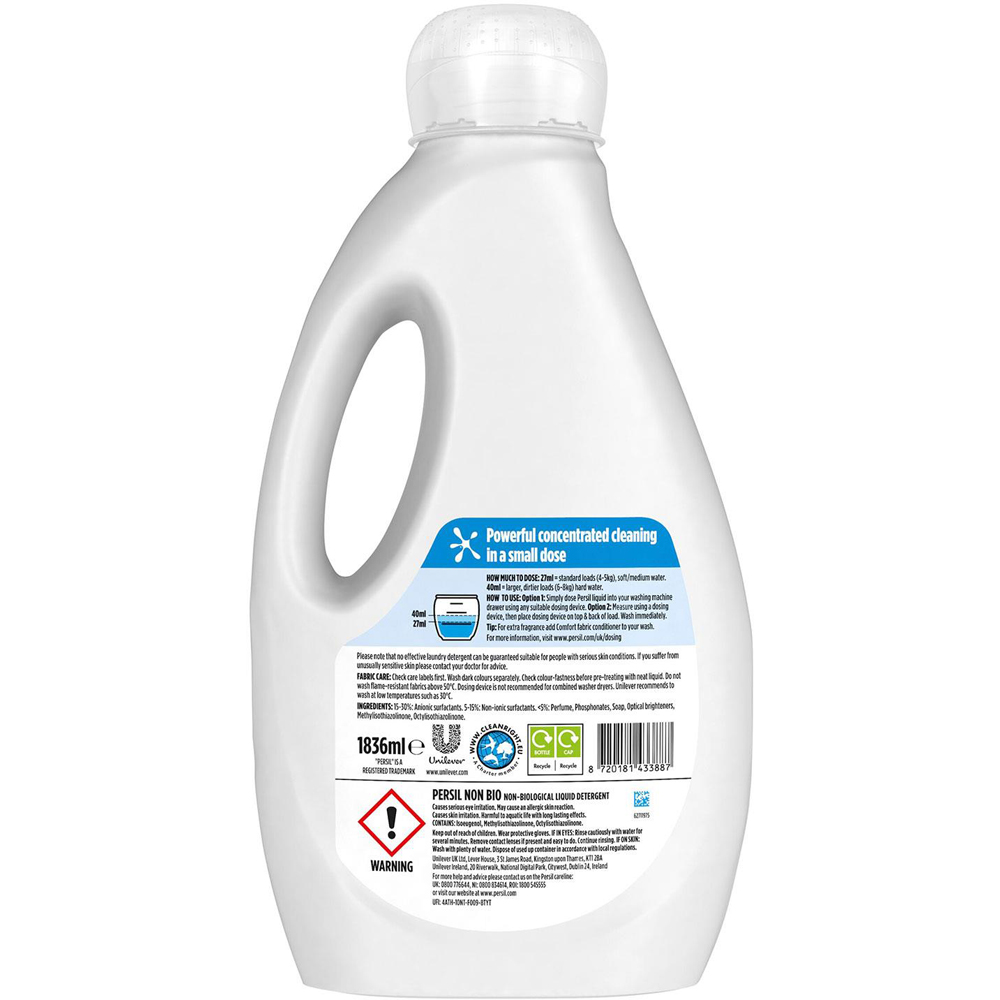 Persil Non Bio Liquid Detergent XXL 68 Washes 1.836L 5 Pack Image 3