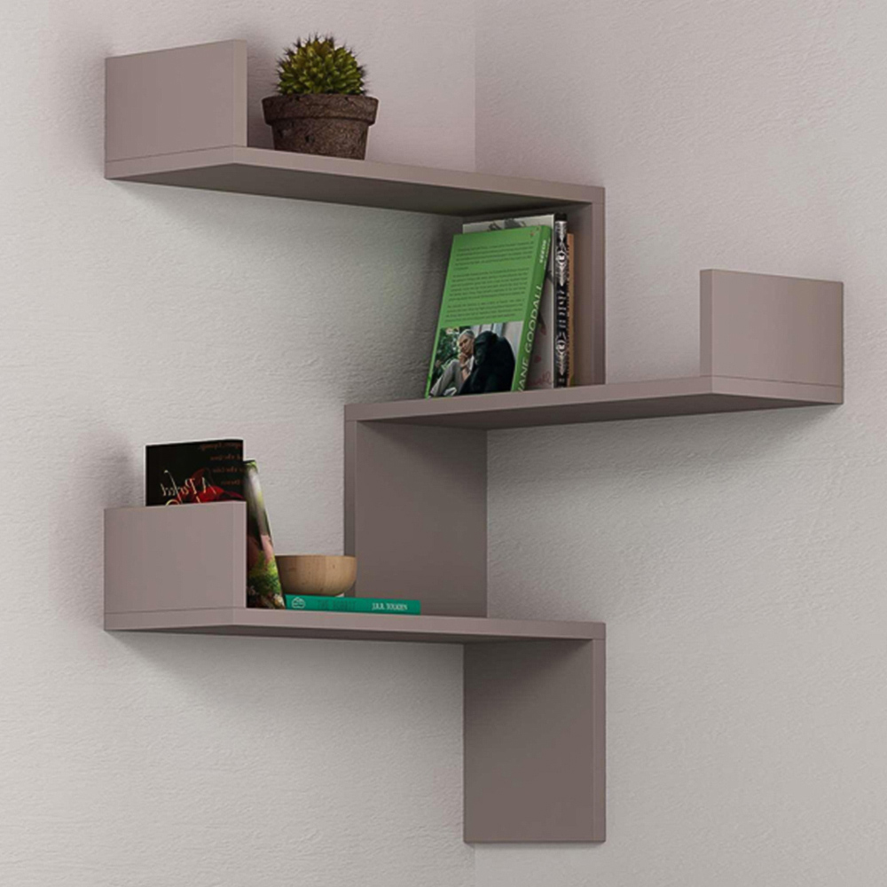 Decortie Luksa 3 Shelf Mocha Grey Modern Corner Wall Mounted Bookcase Image 1