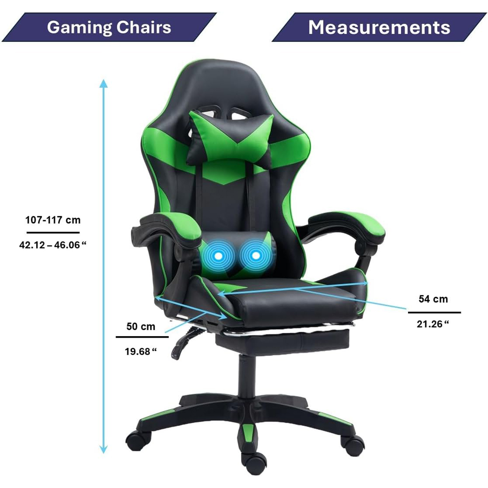 Home Treats Green Reclining Gaming Chair with Massage Cushion and Footrest Image 9