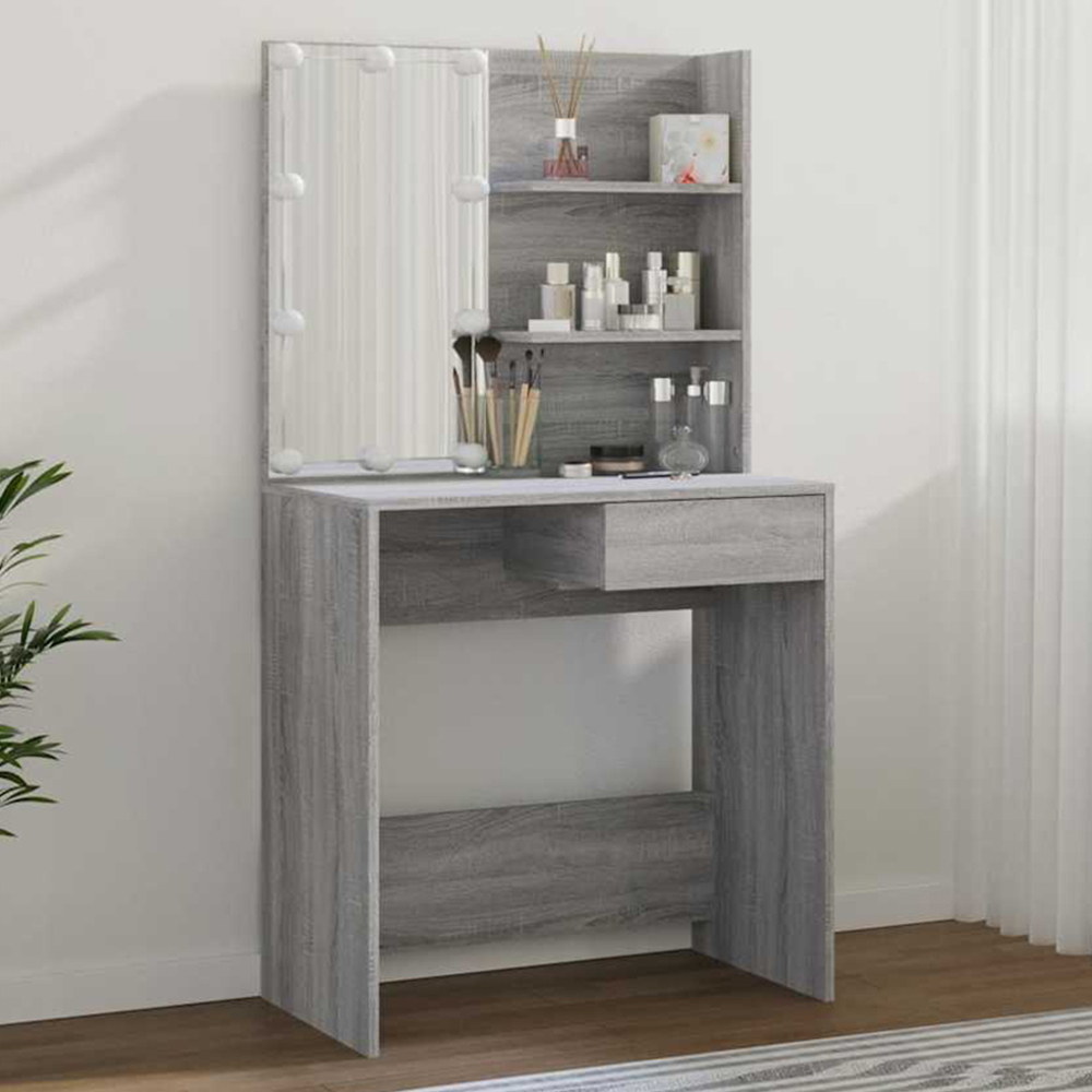 vidaXL Single Drawer 2 Shelf Grey Sonoma Dressing Table with LED Mirror Image 1