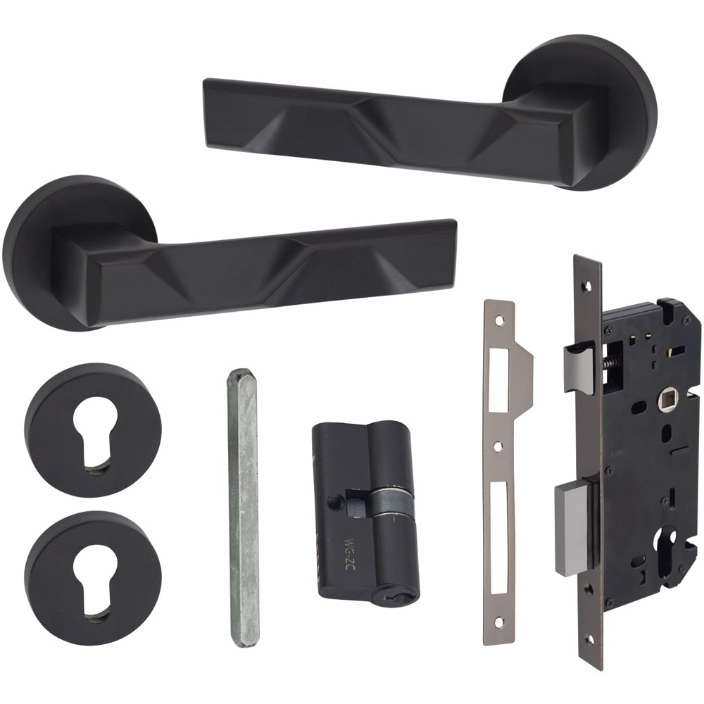 Golden Grace Matt Black Modern Nova Euro Lock Door Handle Set 70mm Image 1