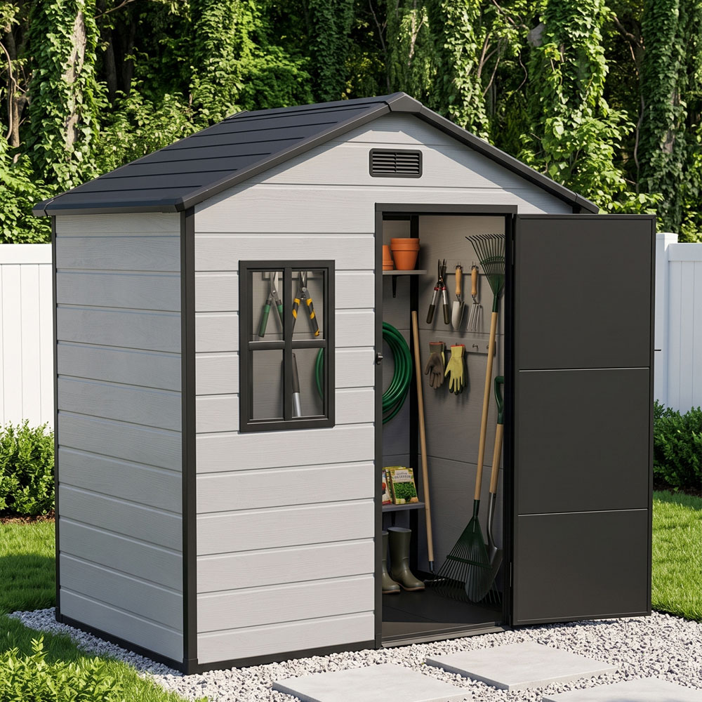 Living and Home 6 x 4ft Plastic Apex Garden Storage Shed with Window and Floor Image 7