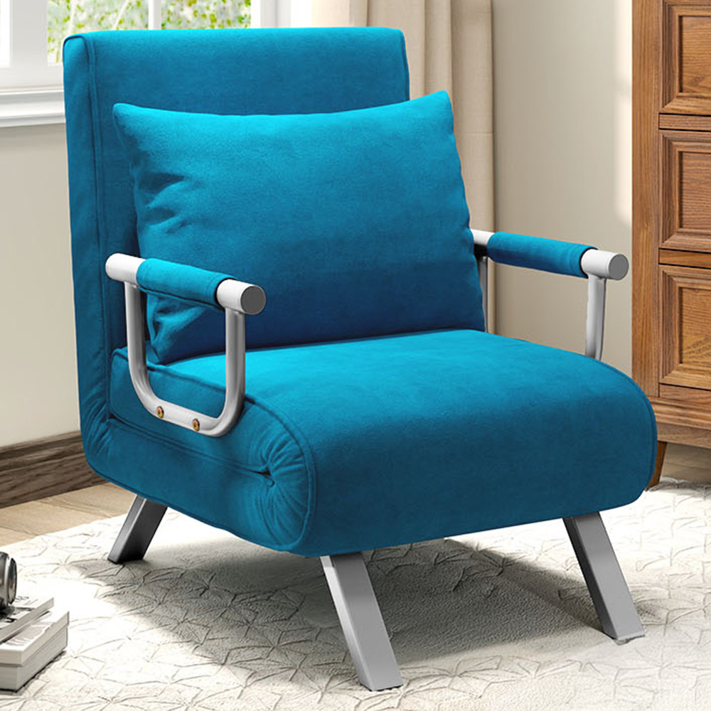 HOMCOM Single Blue Velvet Feel Chair Bed Image 1