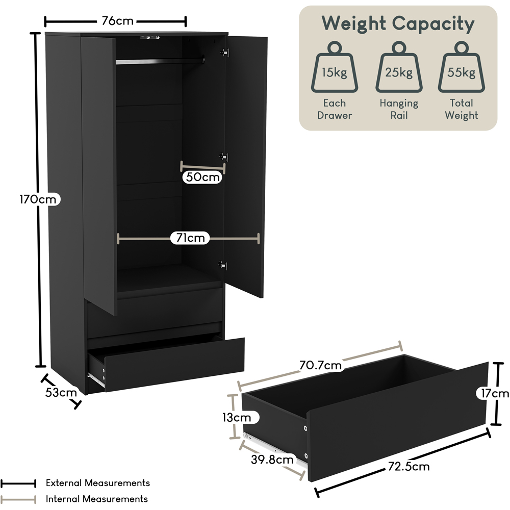 VIDA DESIGNS Denver 2 Door 2 Drawer Black Wardrobe Image 9