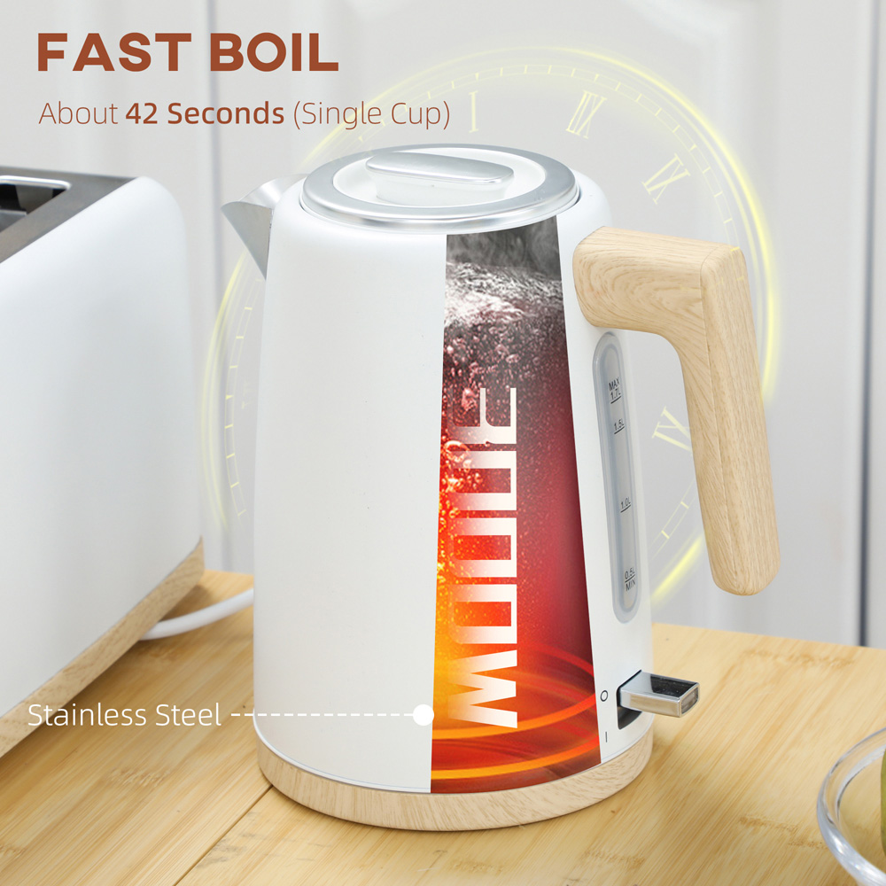 HOMCOM 800-234V70WT White 1.7L Electric Fast Boil Kettle and 2 Slice Toaster Set Image 4