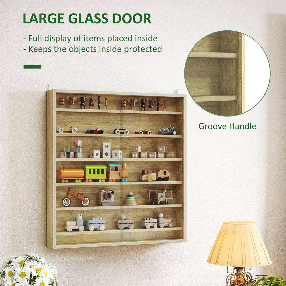 HOMCOM 7-Tier Glass Doors Oak Wall Display Cabinet Image 8