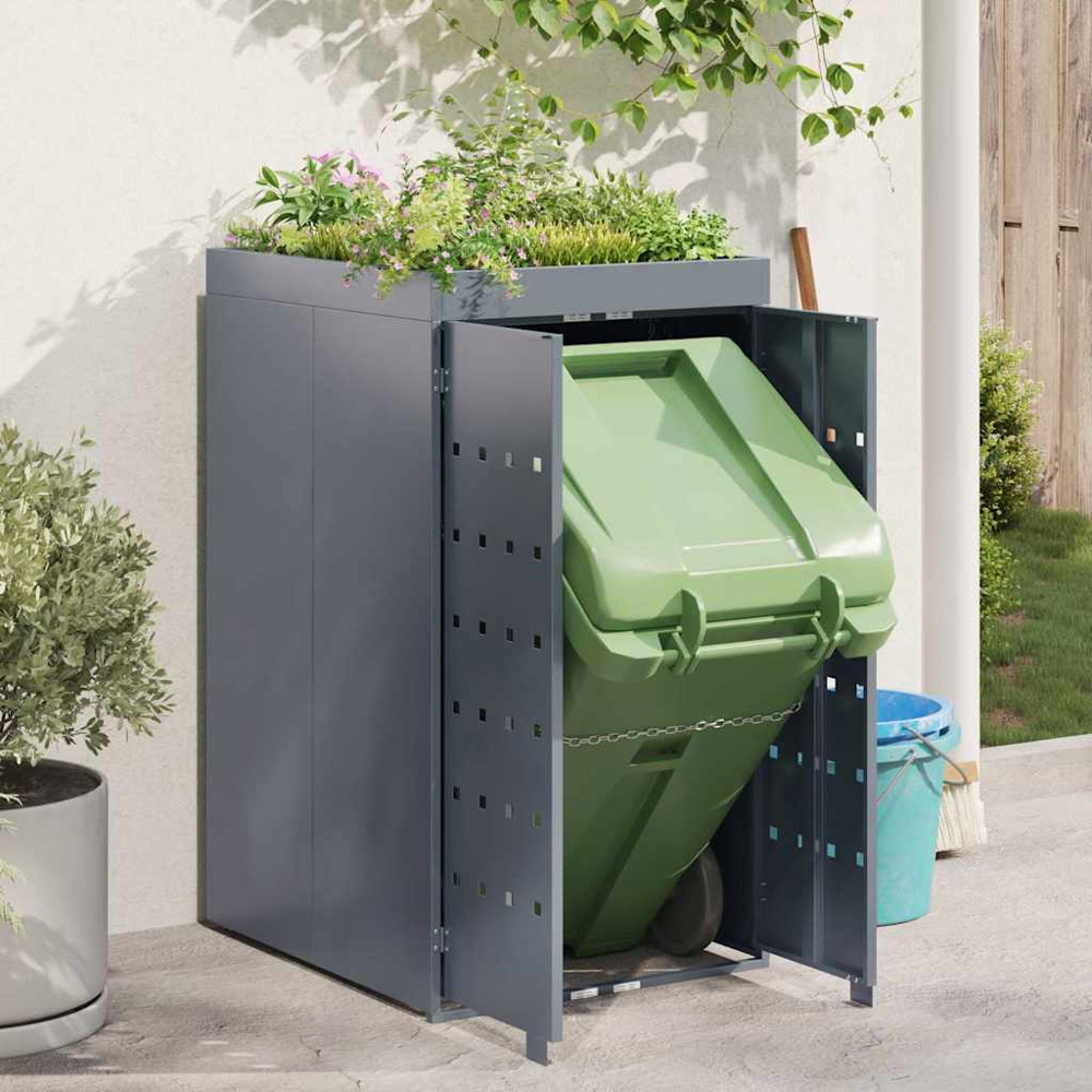 vidaXL Light Grey Wheelie Bin Storage Shed with Planter Roof Image 2