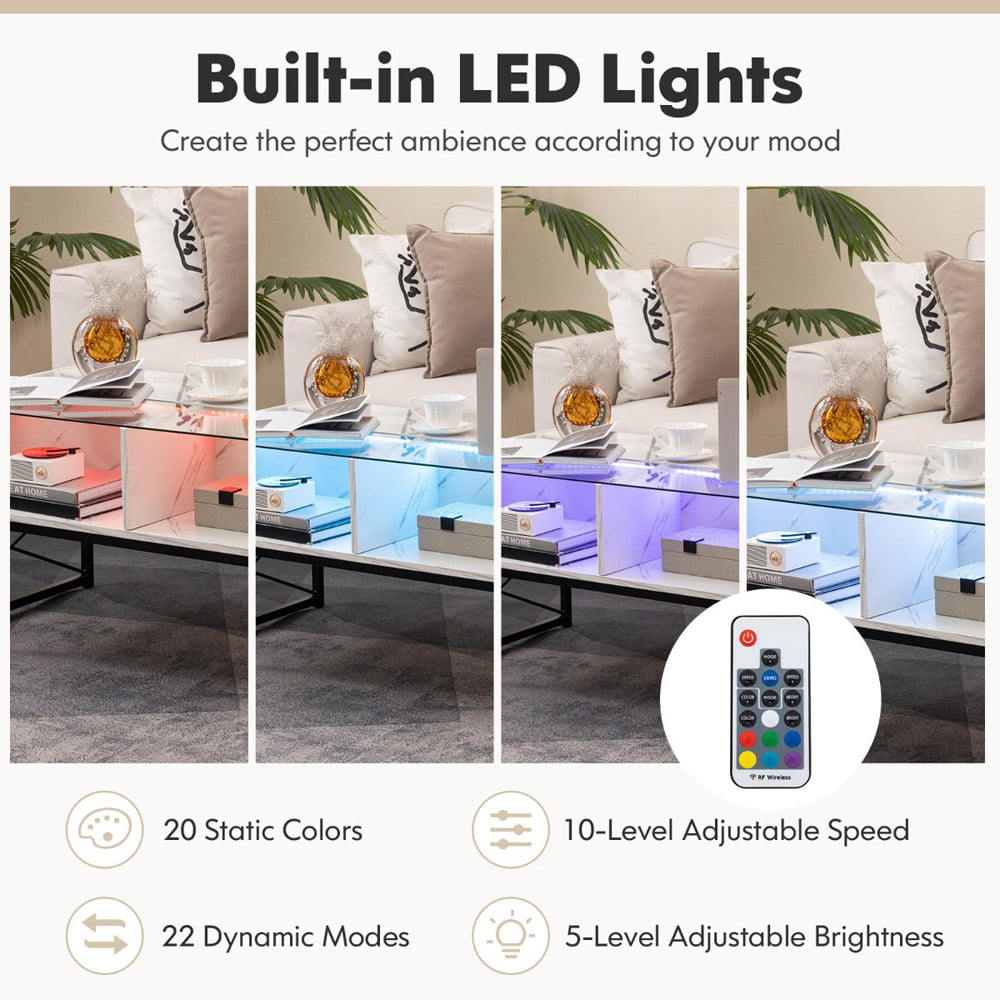 Costway 4 Shelf White Faux Marble Tempered Glass LED Coffee Table Image 8