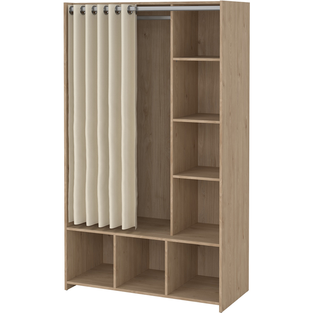 Florence Uppsala 7 Shelf Jackson Hickory Oak Open Wardrobe with Beige Textile Curtain Image 4