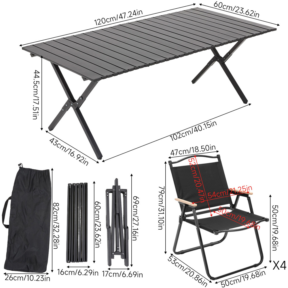 Living and Home 4 Seater 120cm Black Camping Table and Chair Set Image 8