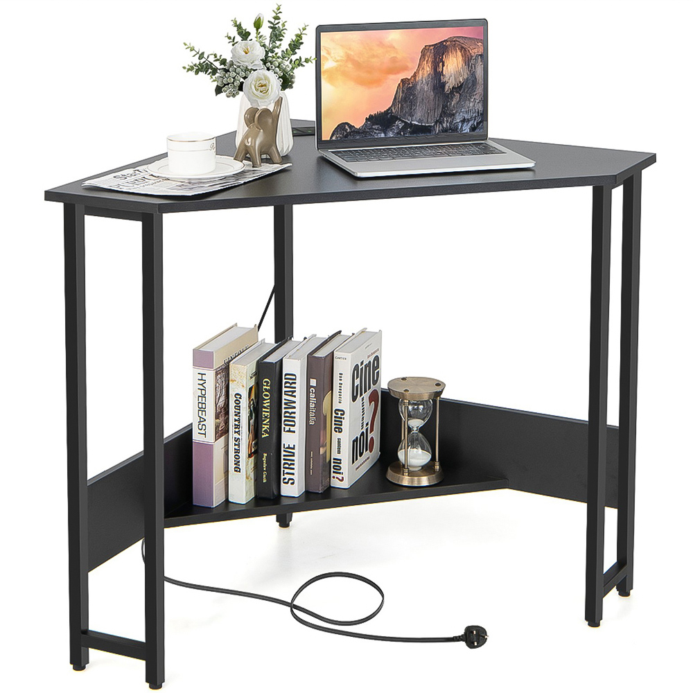 Costway 9-degree Triangle Computer Desk with Power Outlet Rustic Black Image 2