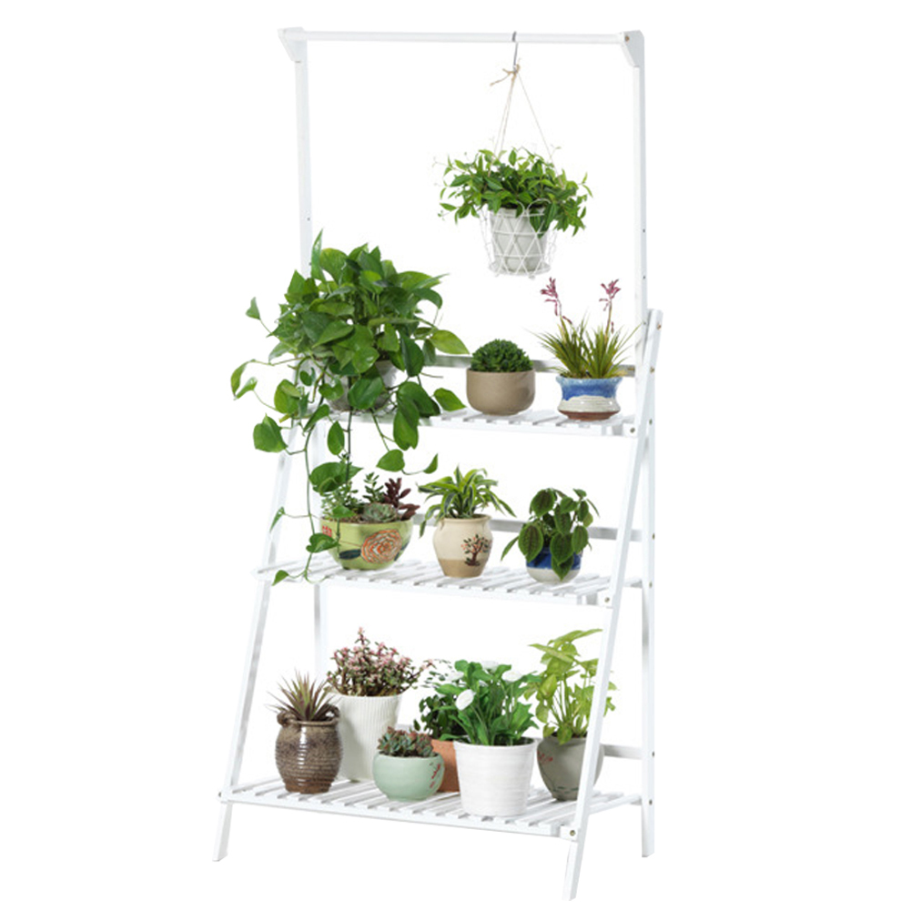 Living and Home 3 Shelf White Foldable Ladder Bookshelf with Hanging Rod Image 3