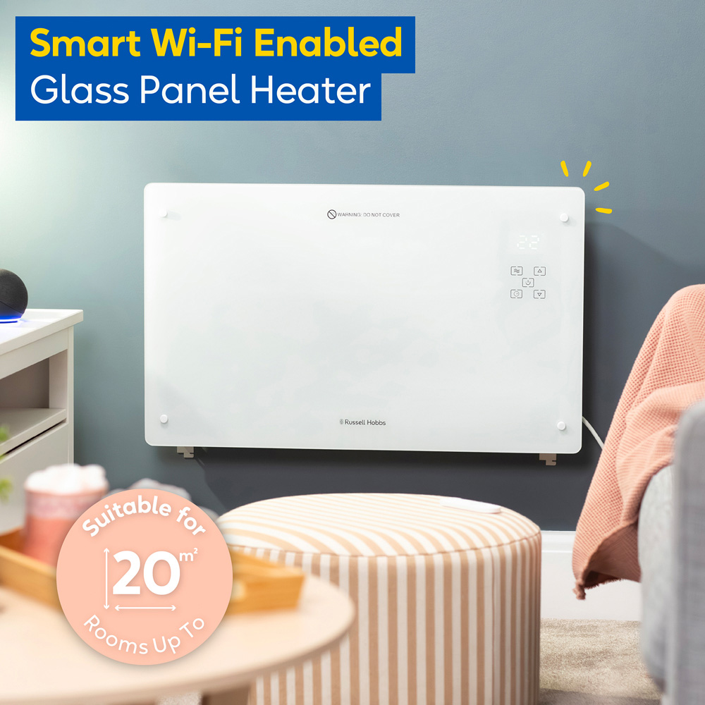 Russell Hobbs White Smart Wi-Fi Glass Panel Heater with Attachable Feet and Remote 2000W Image 2