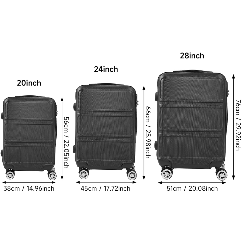 H&O Direct Set of 3 Black Stripe ABS Hardshell Suitcase Set Image 7