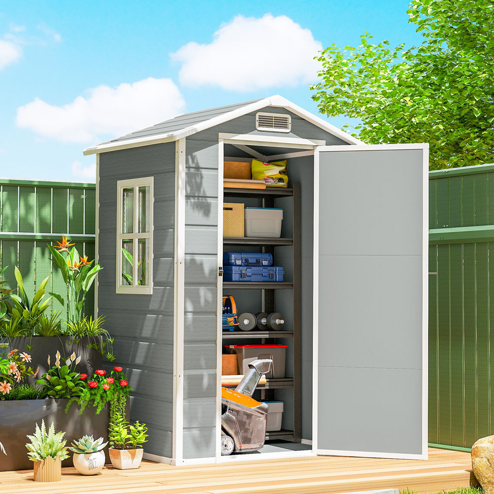 Outsunny 4 x 3ft Light Grey Apex Small Garden Shed with Built-In Floor Image 2