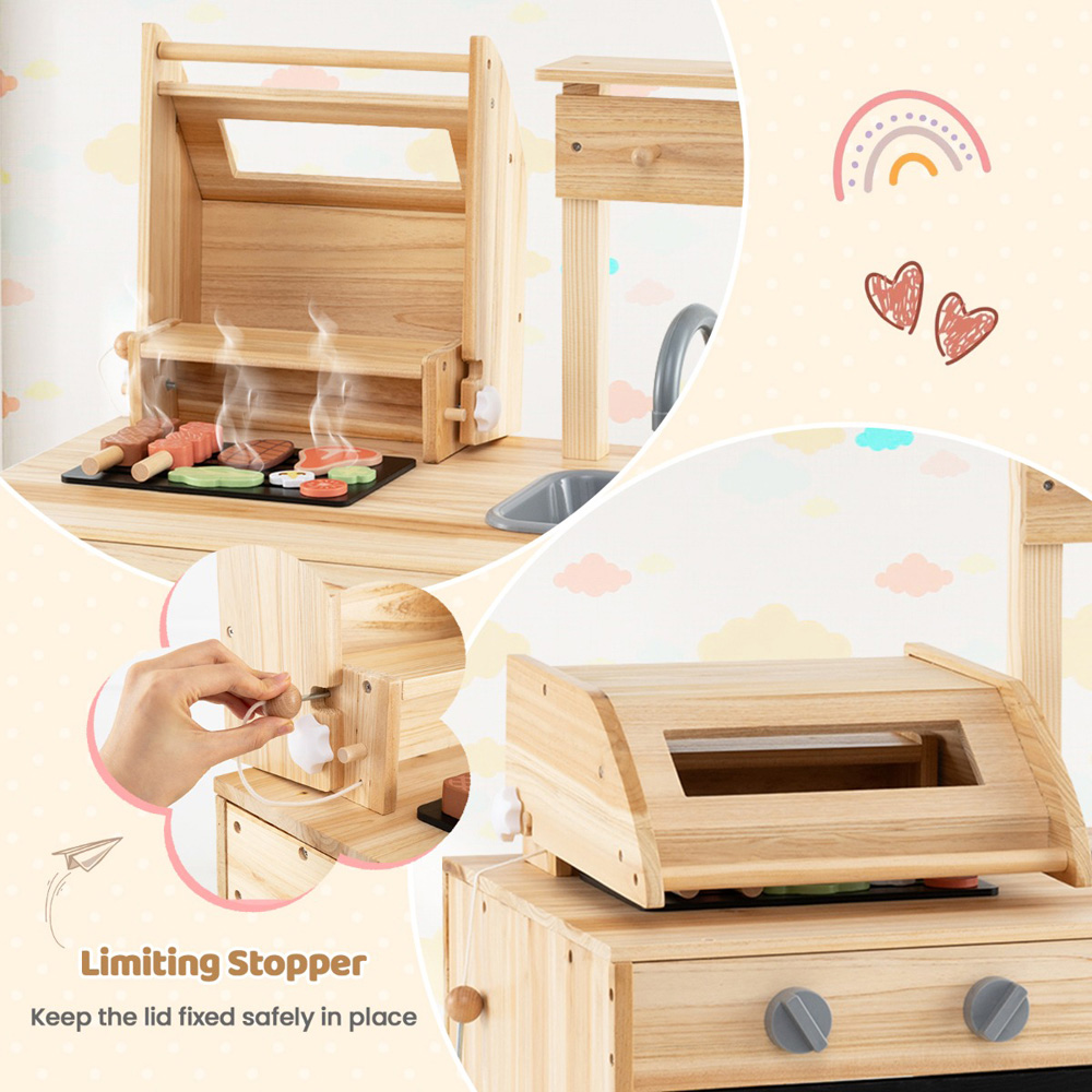 Costway Kids Natural Wooden Barbecue Grill Play Set with Chalkboard Image 5
