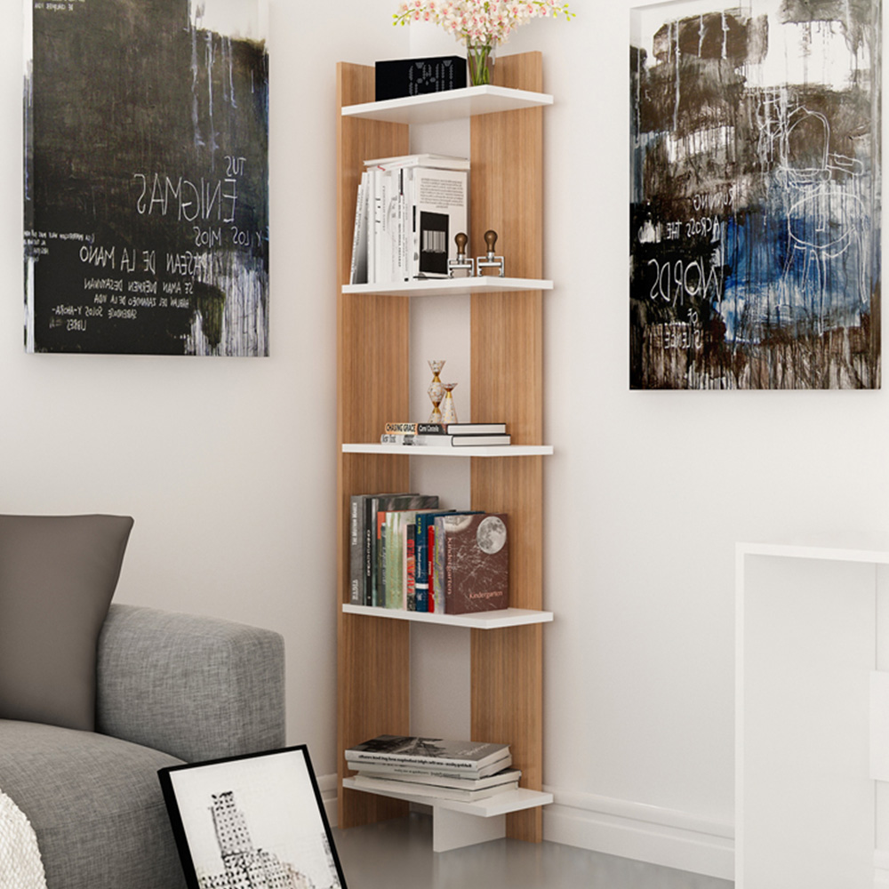 Decorotika Alis 5 Tier Teak and White Corner Bookcase Image 1