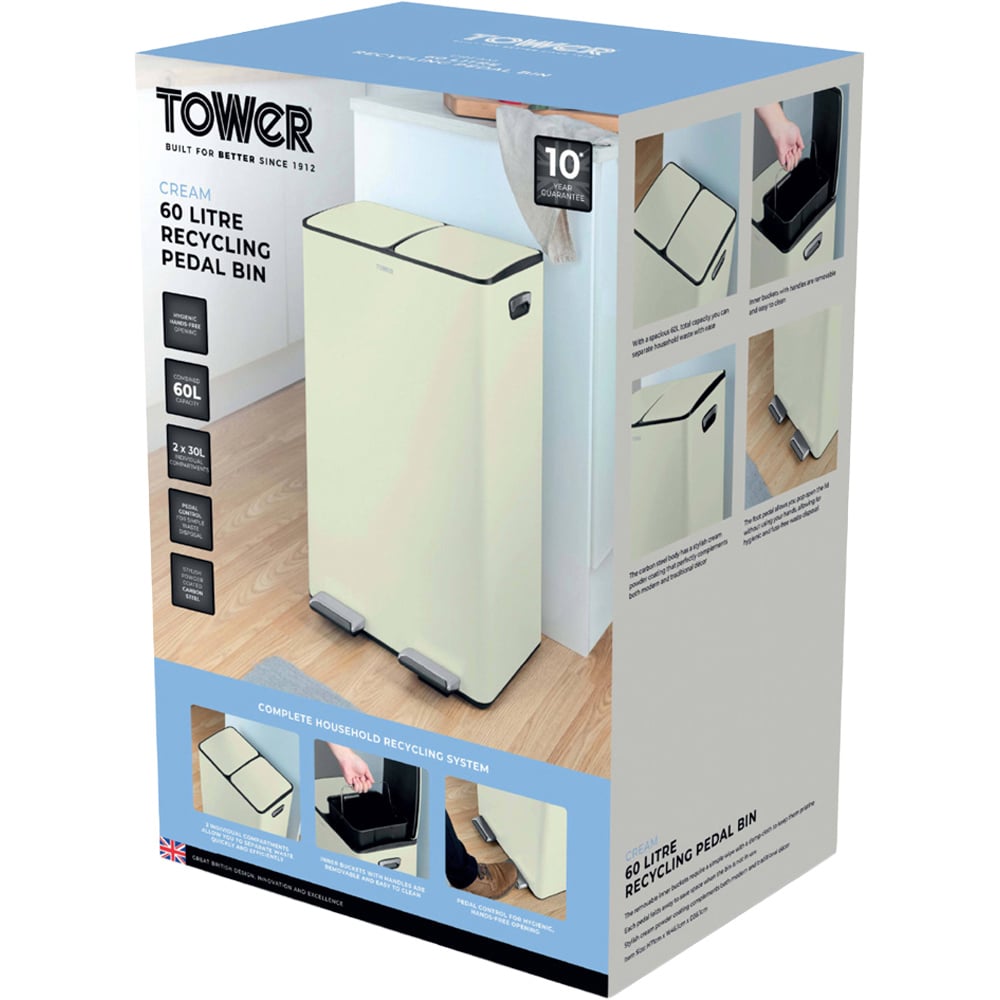 Tower Double Recycling Cream Pedal Bin 60L Image 2
