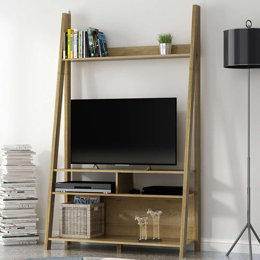 Tiva 5 Shelf Oak Ladder TV Unit Image 1