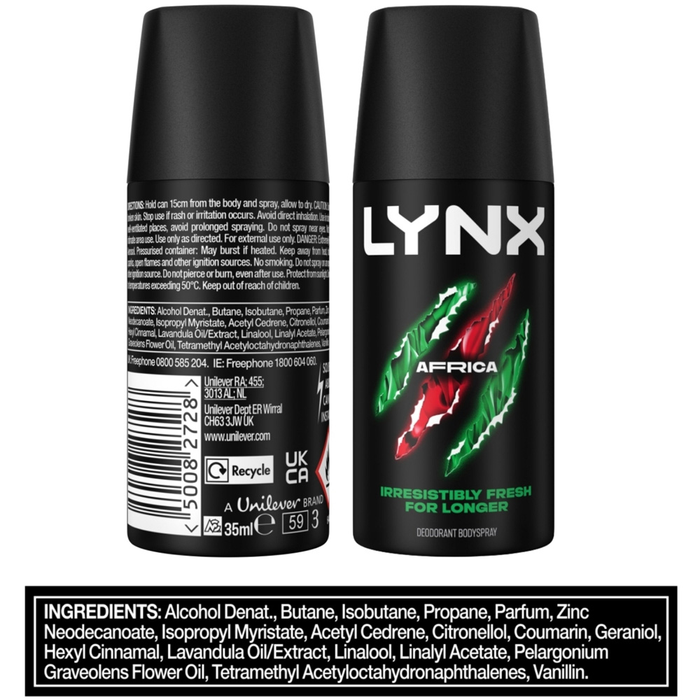 Lynx Africa Men's 48H Freshness Travel Size Deodorant Body Spray 35ml 6 Pack Image 9
