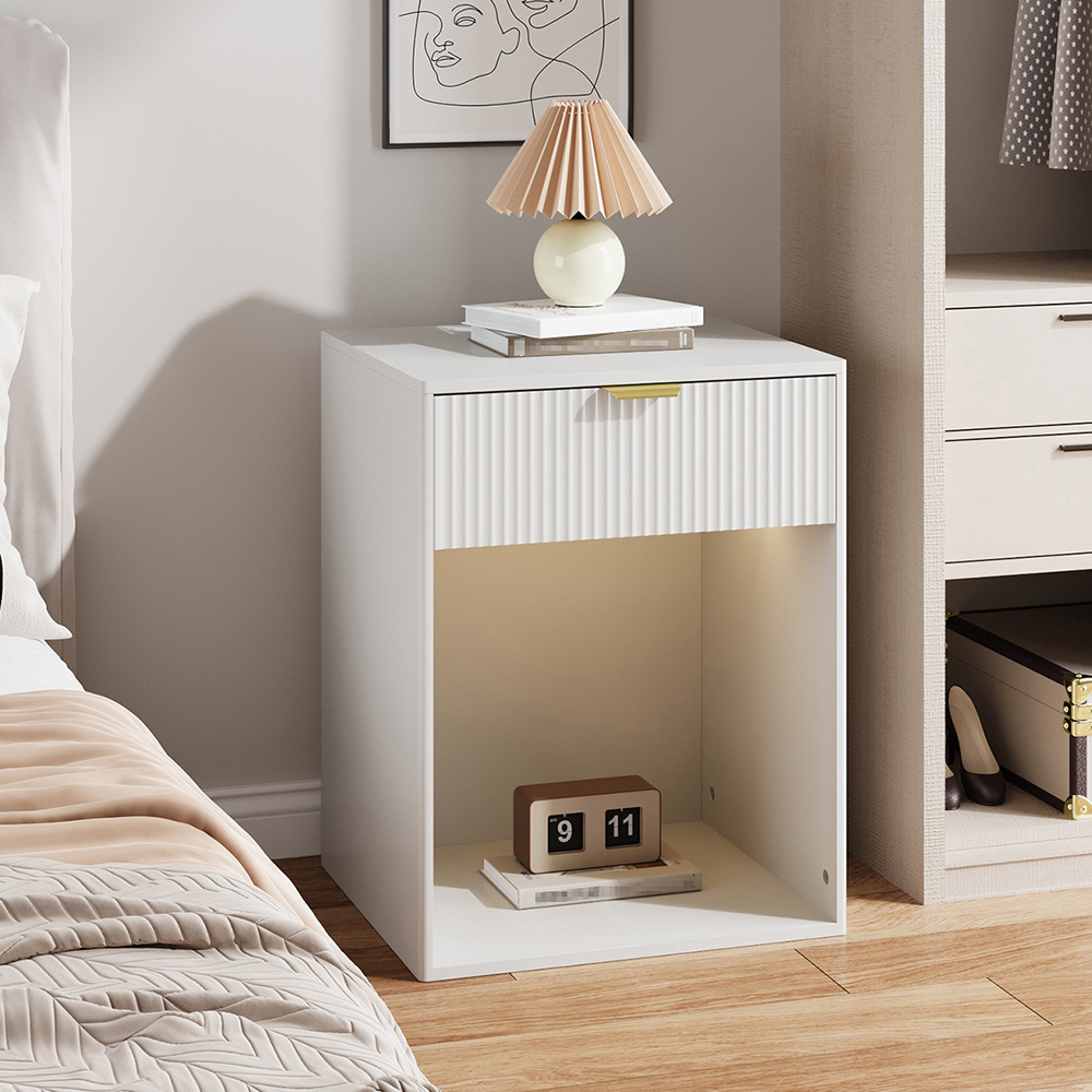 Living and Home Single Drawer White Bedside Table with Power and RGB Light Strip Set of 2 Image 3
