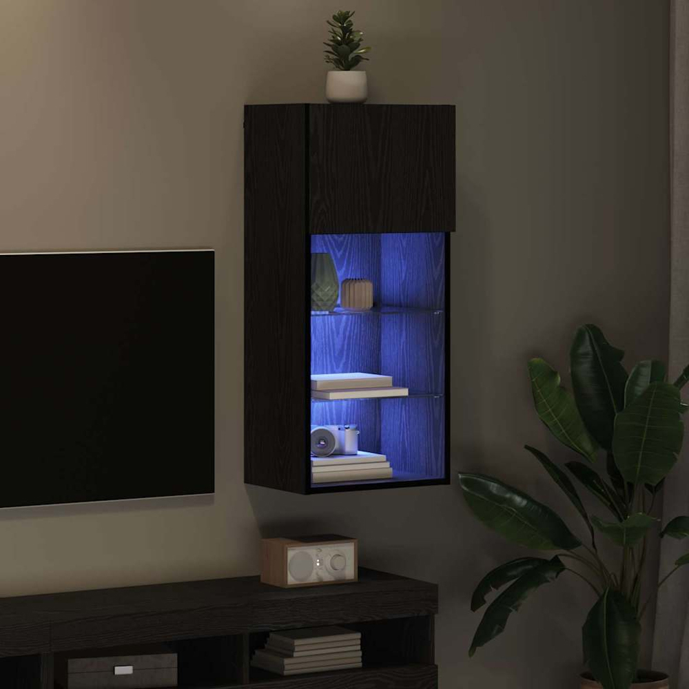 vidaXL Single Door 3 Shelf Black Oak Wide Wall Mounted LED TV Unit Image 9
