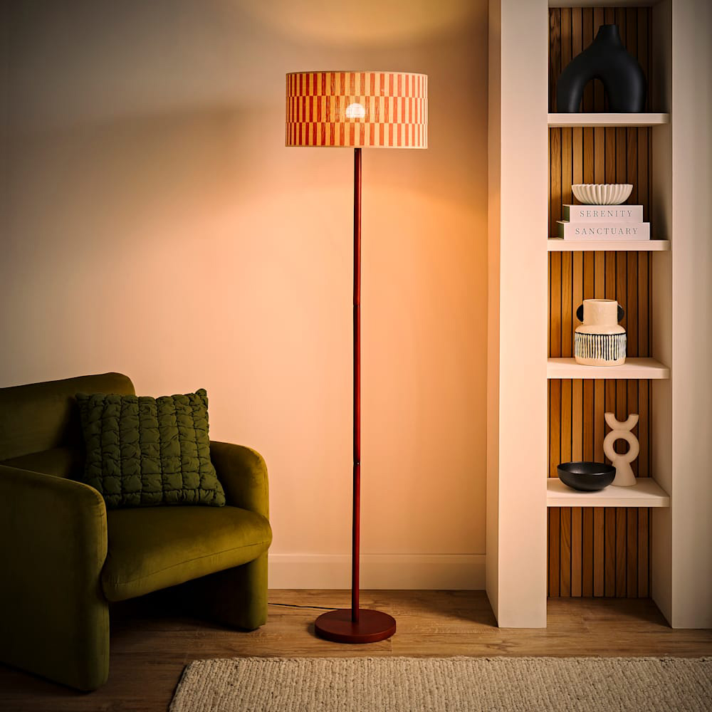 ValueLights Heather Orange Checkerboard Bamboo Shade Dark Wood LED Floor Lamp with Bulb Image 2